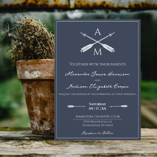 Invitation Mariage Flèches et monogrammes bleu marine