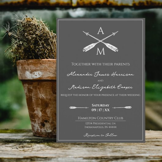 Invitation Mariage Flèches et monogrammes | Gris de charbon