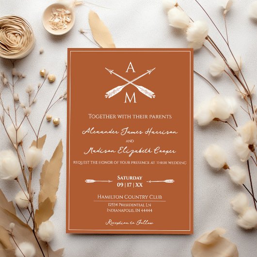 Invitation Mariage Flèches et monogrammes | Orange brûlé