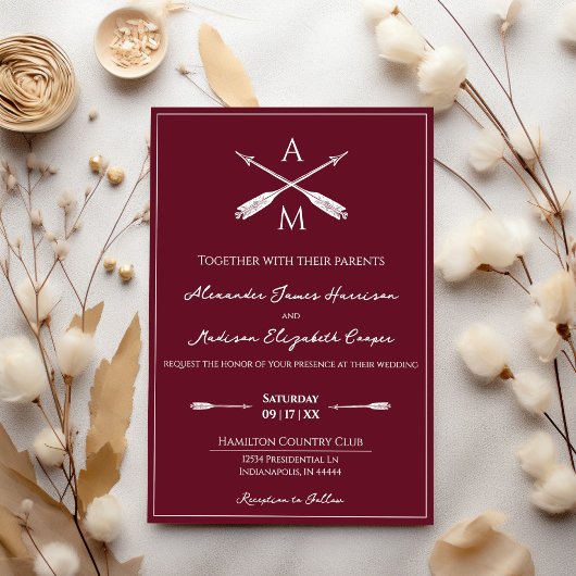 Invitation Mariage Flèches et monogrammes | Rouge à vin
