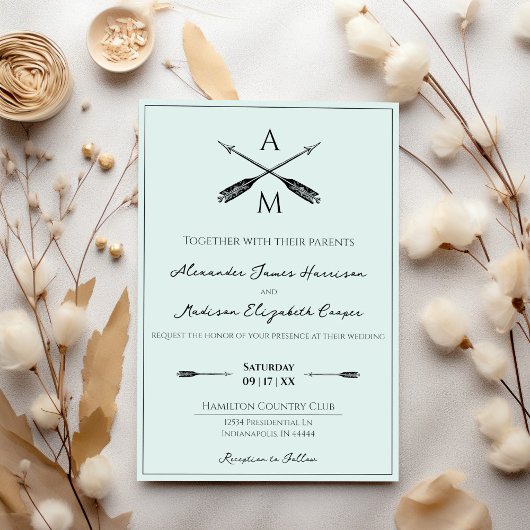 Invitation Mariage Flèches et monogrammes | Vert menthe