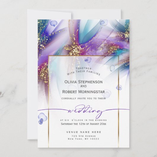 Invitation MARIAGE | Fleur Abstraite Turquoise violet frappan (Devant)
