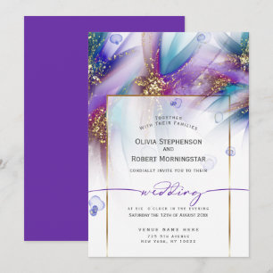 Invitation MARIAGE   Fleur Abstraite Turquoise violet frappan