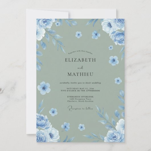 Invitation Mariage Fleur Acier Azur (Devant)