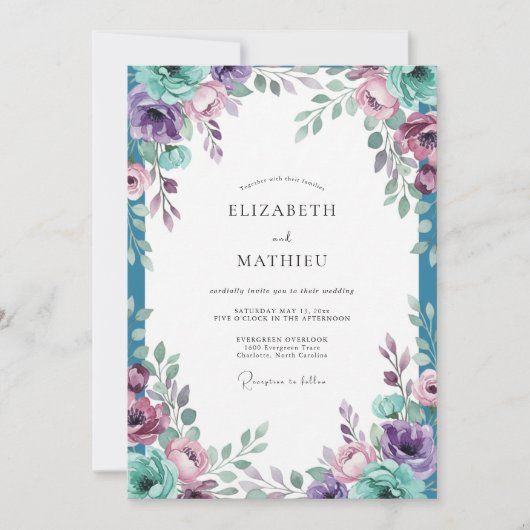 Invitation Mariage Fleur Améthyste Turquoise (Devant)