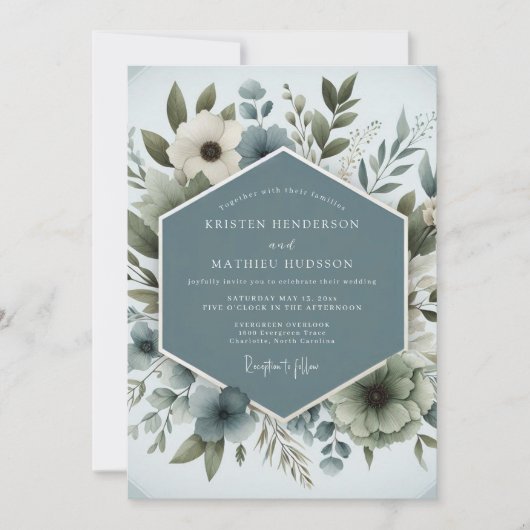Invitation Mariage Fleur Aqueuse Bleu Ardoise (Devant)
