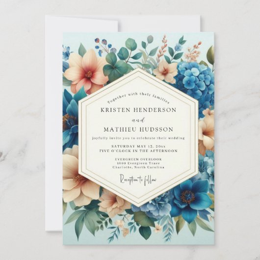 Invitation Mariage Fleur Artisanale Bleu Ardoise et Pêche (Devant)