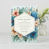 Invitation Mariage Fleur Artisanale Bleu Ardoise et Pêche (Debout devant)