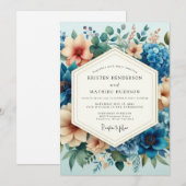 Invitation Mariage Fleur Artisanale Bleu Ardoise et Pêche (Devant / Derrière)