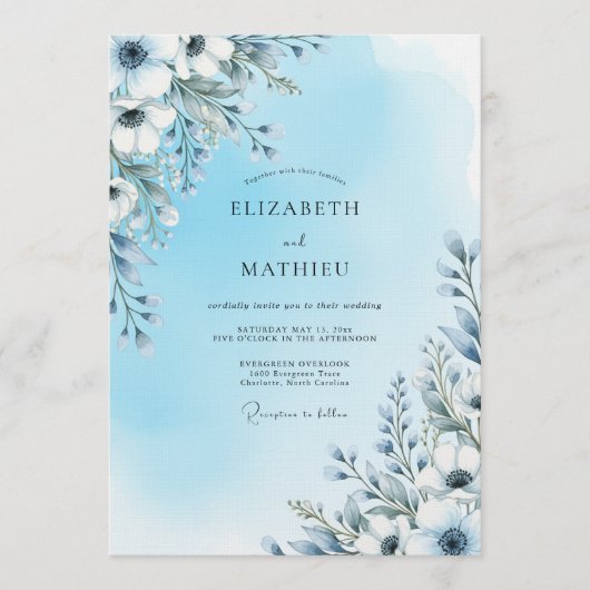 Invitation Mariage Fleur Artistic Bleu Ciel (Devant)