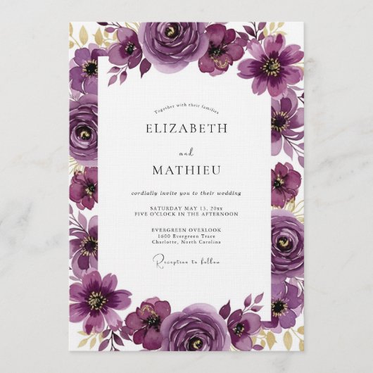 Invitation Mariage Fleur Artistique Prune (Devant)