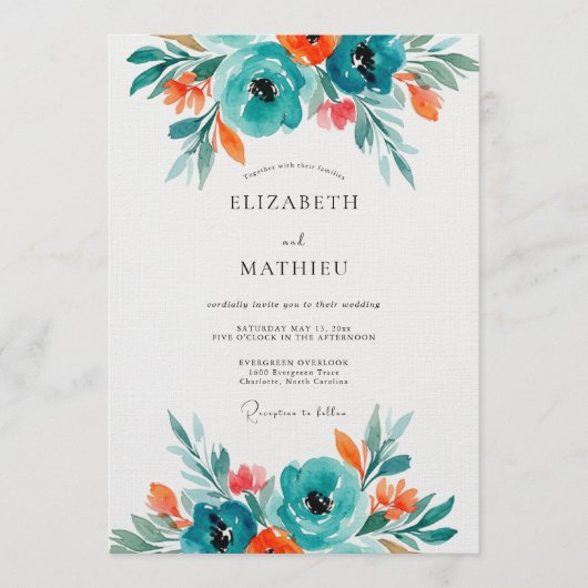 Invitation Mariage Fleur Artistiques Teal Bloom (Devant)