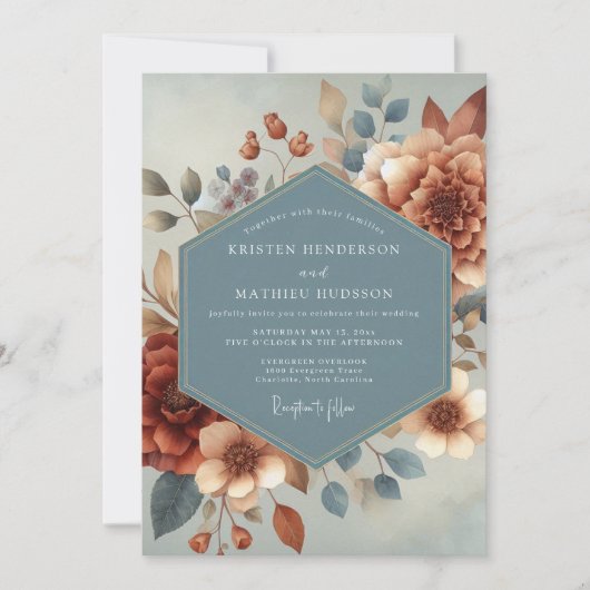 Invitation Mariage Fleur Automnale Bleu Ardoise (Devant)