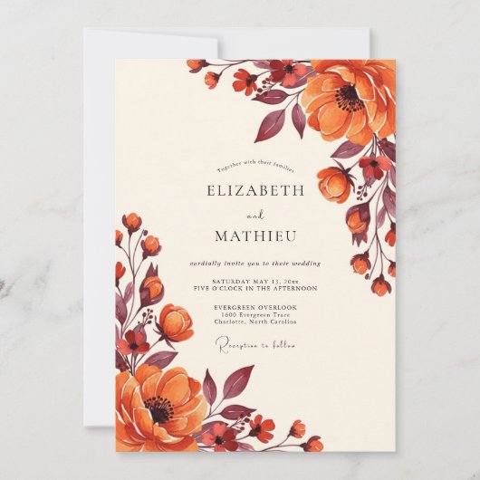 Invitation Mariage Fleur Automnale Orange (Devant)