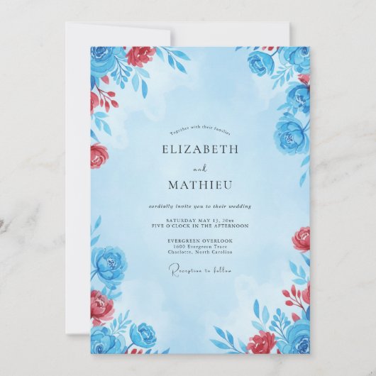 Invitation Mariage Fleur Azure Écarlate (Devant)