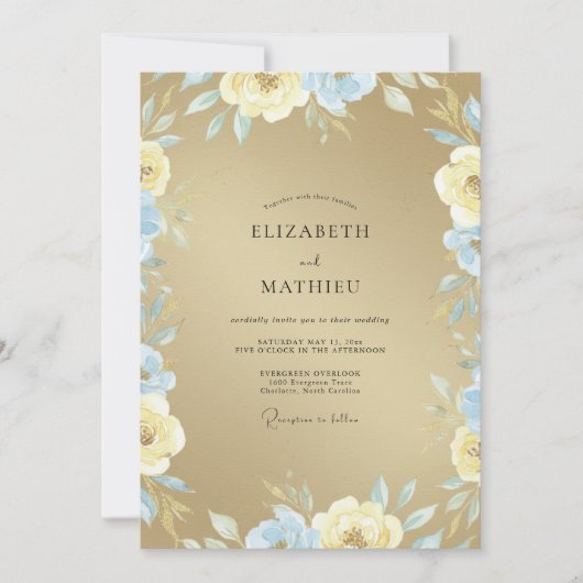 Invitation Mariage Fleur Azure Or (Devant)