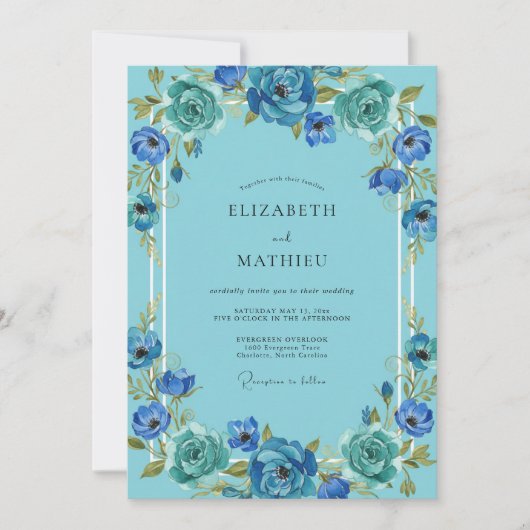 Invitation Mariage Fleur Azure Sarcelle (Devant)