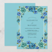 Invitation Mariage Fleur Azure Sarcelle (Devant / Derrière)