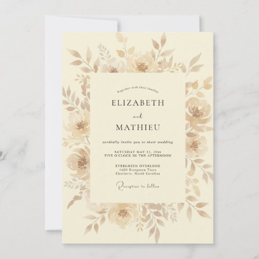 Invitation Mariage Fleur Beige à l'Aspect Pictural (Devant)