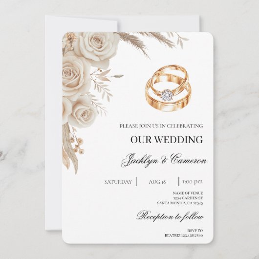 Invitation Mariage Fleur Blanche avec bague (Devant)