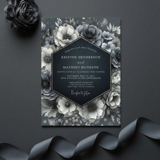 Invitation Mariage Fleur Bleu Ardoise