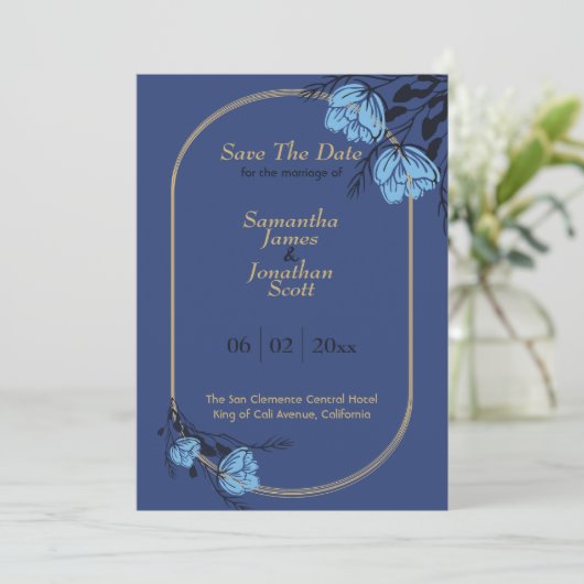 Invitation Mariage Fleur Bleu Chic Enregistrer La Date (Debout devant)