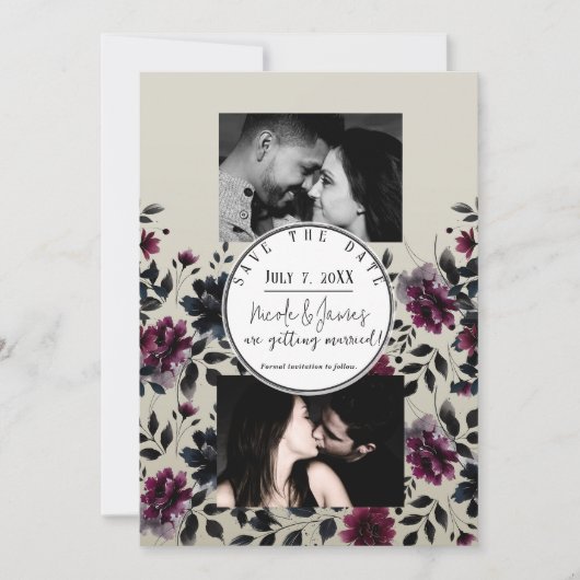 Invitation Mariage Fleur Bleu Minuit Bourgogne (Devant)