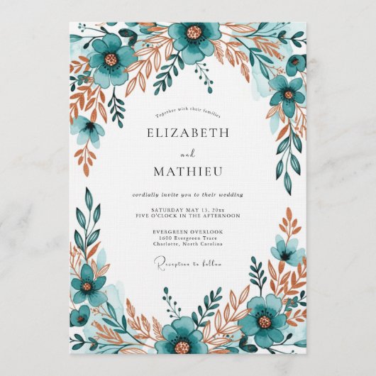 Invitation Mariage Fleur Bleu-vert (Devant)