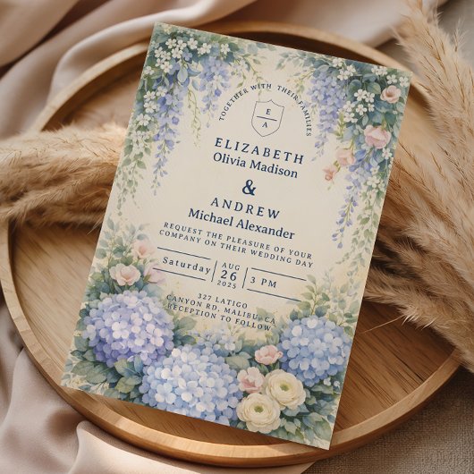 Invitation Mariage Fleur Bleue Hydrangea Et Rose Ivory