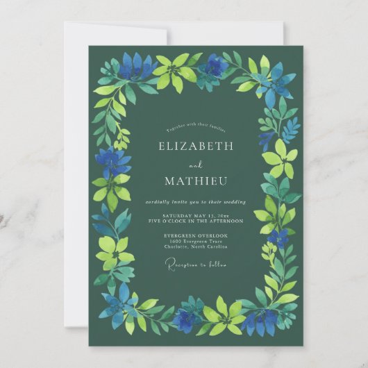 Invitation Mariage Fleur Bleue Profonde Verte (Devant)