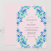Invitation Mariage Fleur Bleue Verte Peinte (Devant / Derrière)