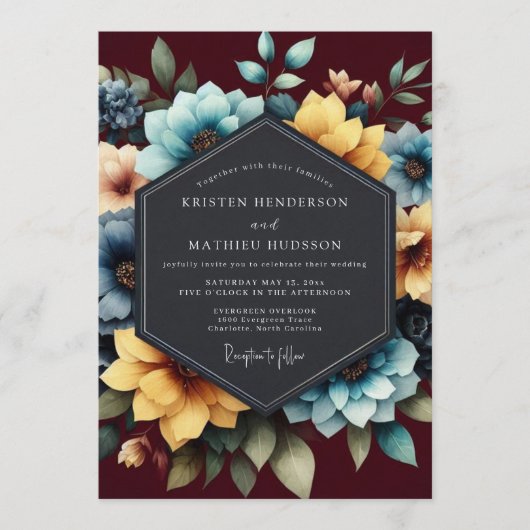 Invitation Mariage Fleur Bloom Burgundy et Sarcelle (Devant)