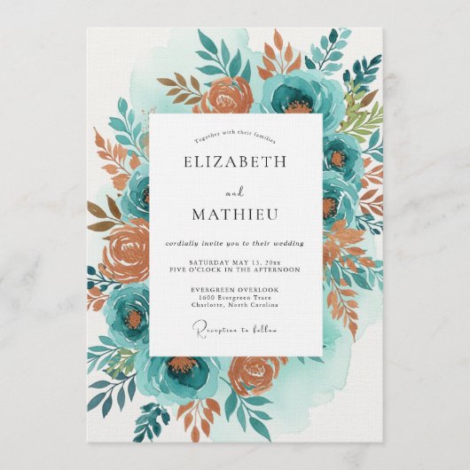 Invitation Mariage Fleur Bloom Orange Sarcelle Peint (Devant)
