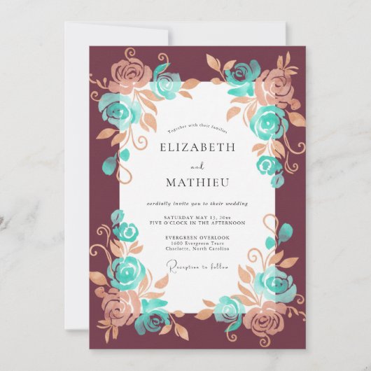 Invitation Mariage Fleur Bloom Turquoise Bordeaux (Devant)