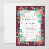 Invitation Mariage Fleur Bloom Turquoise Bordeaux (Devant / Derrière)