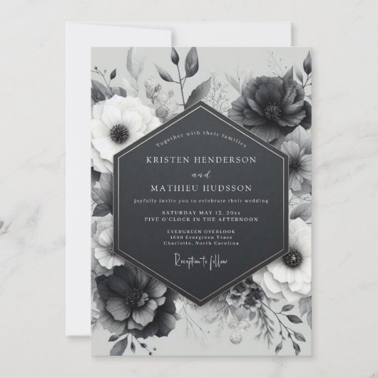 Invitation Mariage Fleur Botanique au Charbon (Devant)