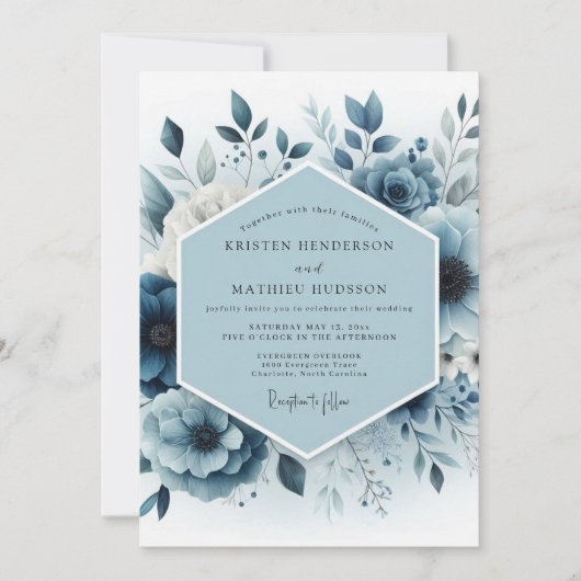 Invitation Mariage Fleur Botanique Bleu Ardoise (Devant)