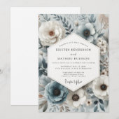 Invitation Mariage Fleur Botanique Bleu Ardoise (Devant / Derrière)