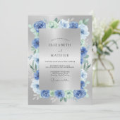 Invitation Mariage Fleur botanique Bleu Argent (Debout devant)