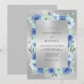 Invitation Mariage Fleur botanique Bleu Argent (Devant / Derrière)