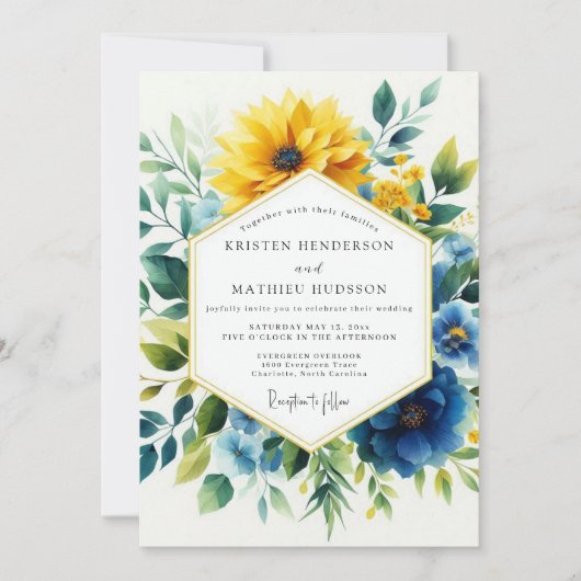 Invitation Mariage Fleur Botanique Bleu Jaune (Devant)