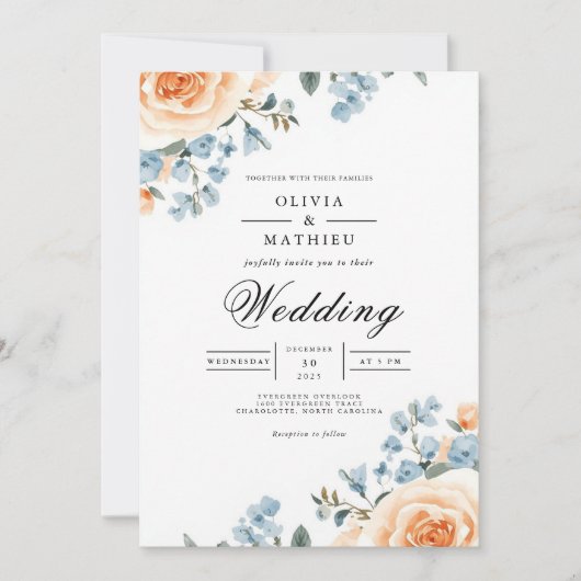 Invitation Mariage Fleur Botanique Bleu Pêche (Devant)