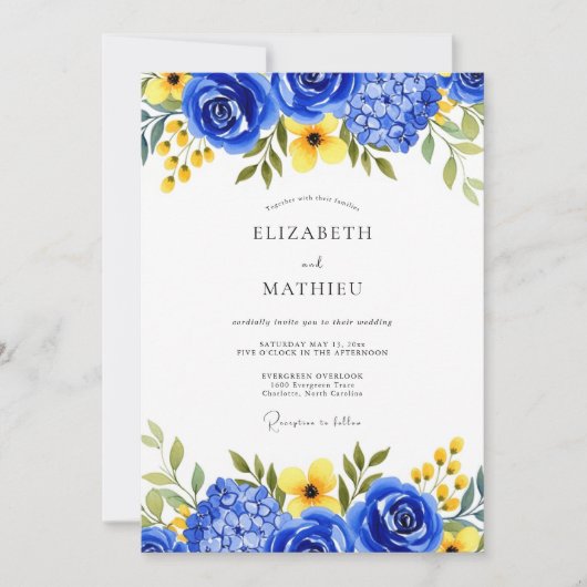 Invitation Mariage Fleur Botanique Bleu Royal (Devant)