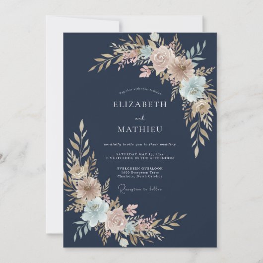 Invitation Mariage Fleur Botanique Blush Navy (Devant)