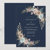 Invitation Mariage Fleur Botanique Blush Navy (Devant / Derrière)