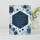 Invitation Mariage Fleur Botanique Deep Blue (Debout devant)