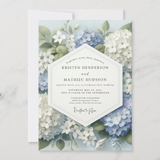 Invitation Mariage Fleur Botanique Hydrangea Bleu (Devant)