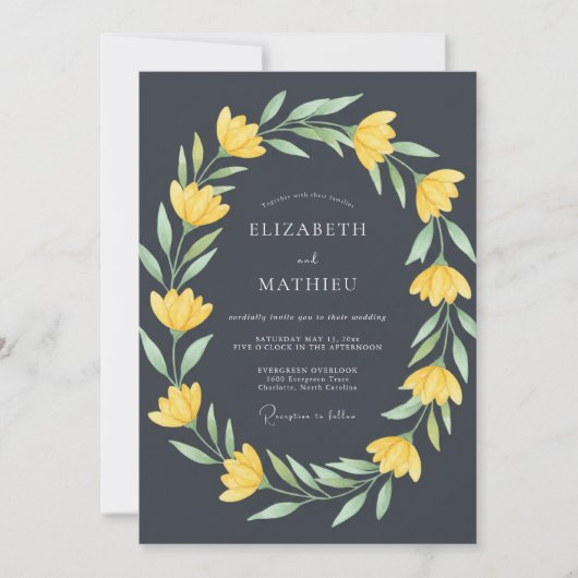 Invitation Mariage Fleur Botanique Jaune Charbon (Devant)
