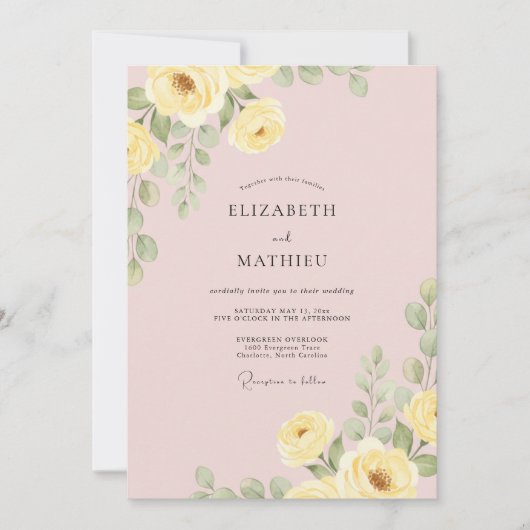Invitation Mariage Fleur Botanique Jaune Clair (Devant)