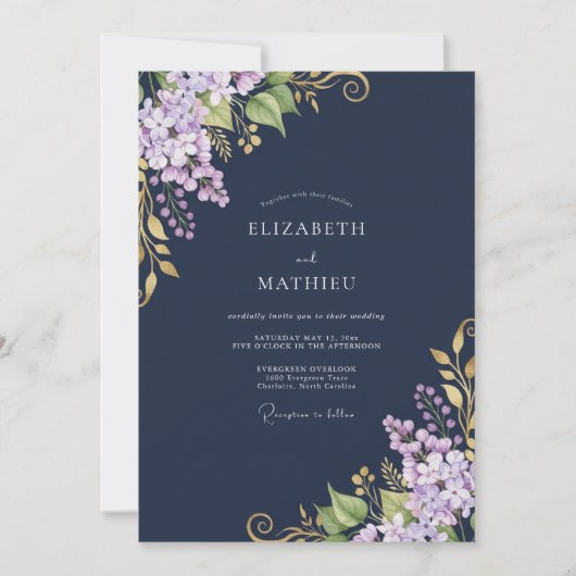 Invitation Mariage Fleur Botanique Lilas Navy (Devant)
